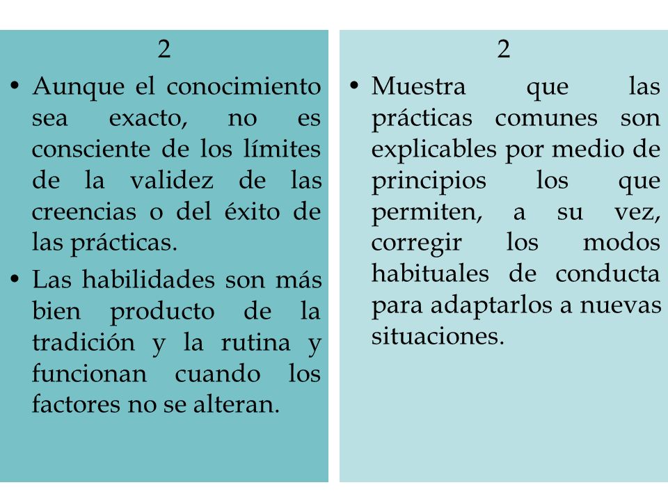 2 Aunque el conocimiento sea exacto, no es consciente de los límites de la validez de las creencias o del éxito de las prácticas.