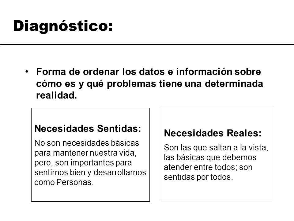 Diagnóstico: Forma de ordenar los datos e información sobre cómo es y qué problemas tiene una determinada realidad.