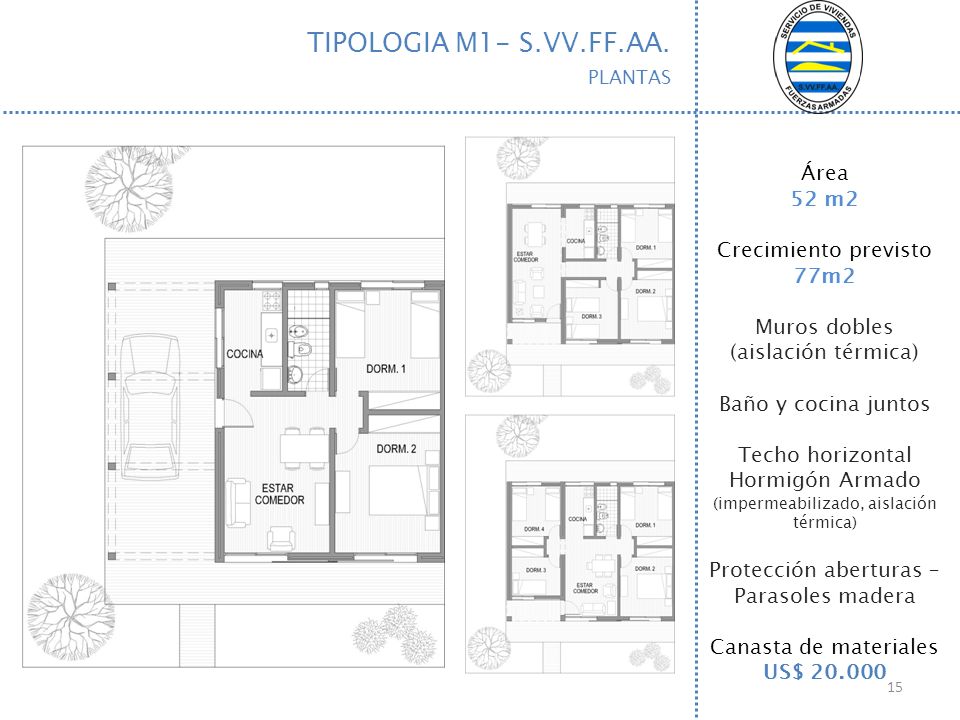 TIPOLOGIA M1- S.VV.FF.AA. Área 52 m2 Crecimiento previsto 77m2
