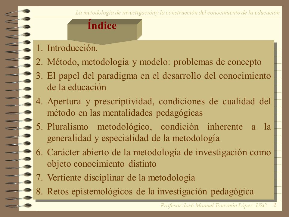 Índice La metodología de investigación y la construcción del conocimiento de la educación. Introducción.