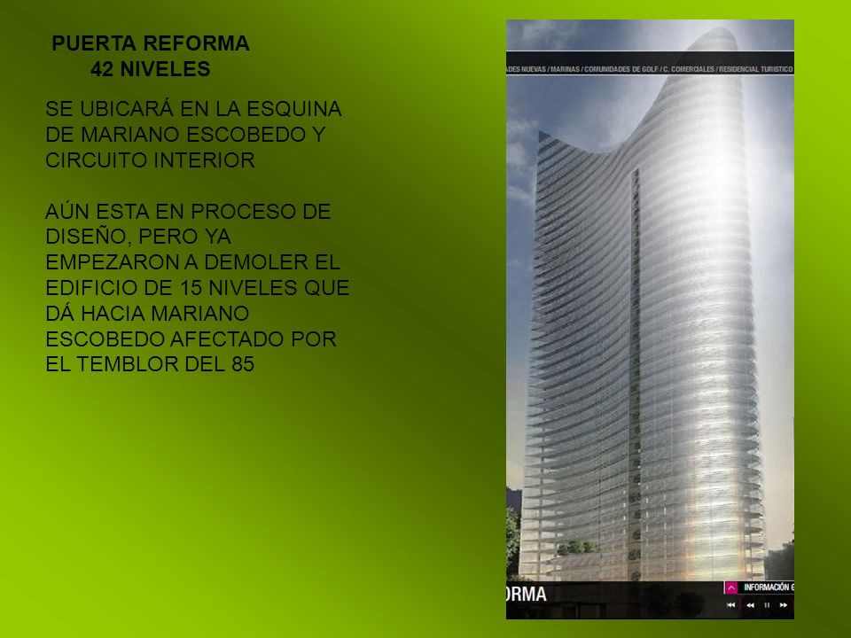 PUERTA REFORMA 42 NIVELES. SE UBICARÁ EN LA ESQUINA DE MARIANO ESCOBEDO Y CIRCUITO INTERIOR.