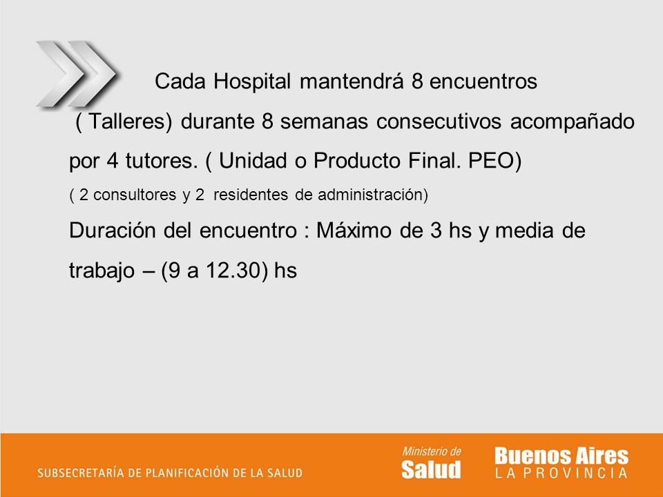 Cada Hospital mantendrá 8 encuentros ( Talleres) durante 8 semanas consecutivos acompañado por 4 tutores.