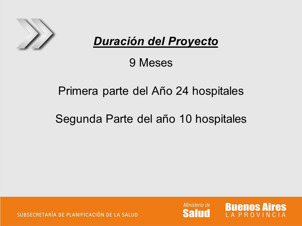 Duración del Proyecto 9 Meses Primera parte del Año 24 hospitales Segunda Parte del año 10 hospitales.