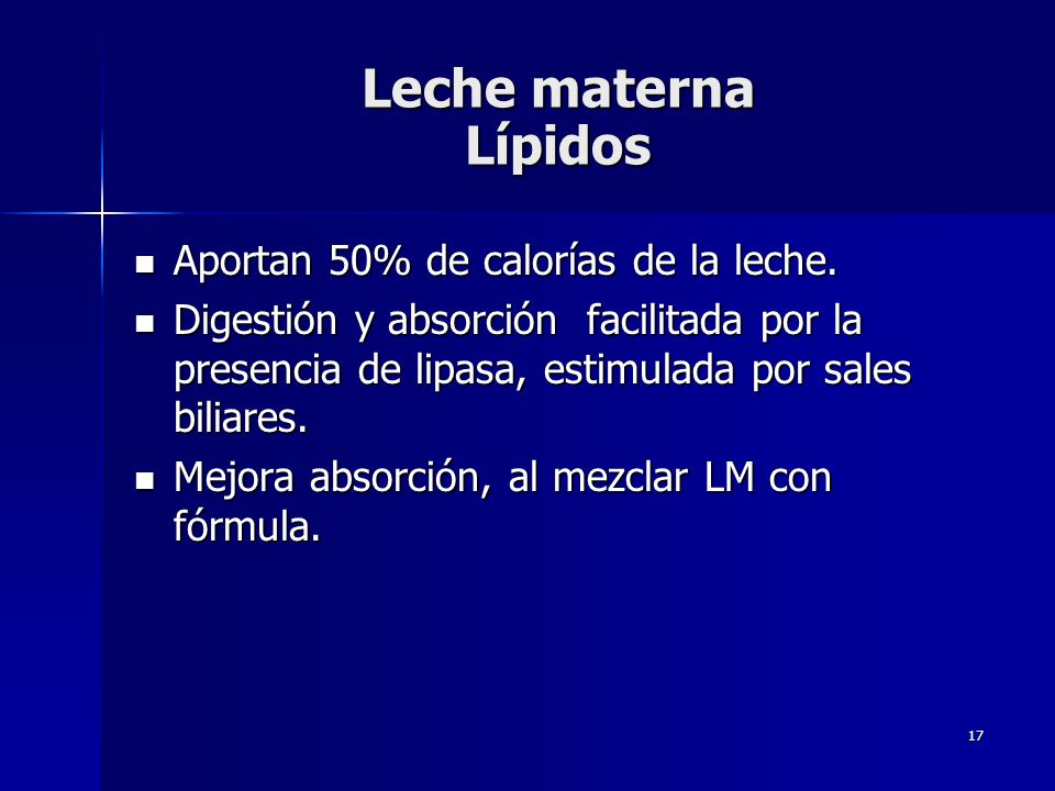 Leche materna Lípidos Aportan 50% de calorías de la leche.