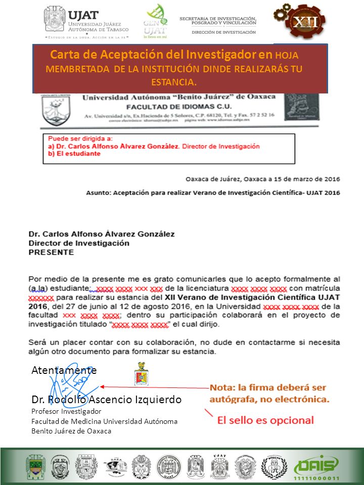 Carta de Aceptación del Investigador en HOJA MEMBRETADA DE LA INSTITUCIÓN DINDE REALIZARÁS TU ESTANCIA.