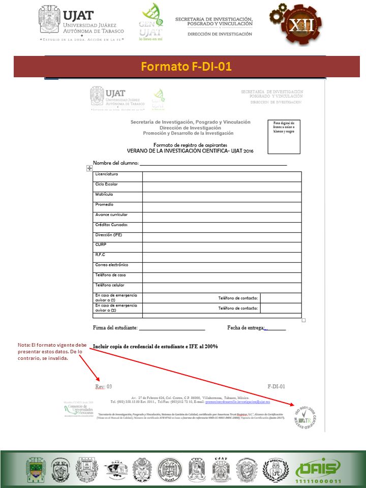 Formato F-DI-01 Nota: El formato vigente debe presentar estos datos. De lo contrario, se invalida.