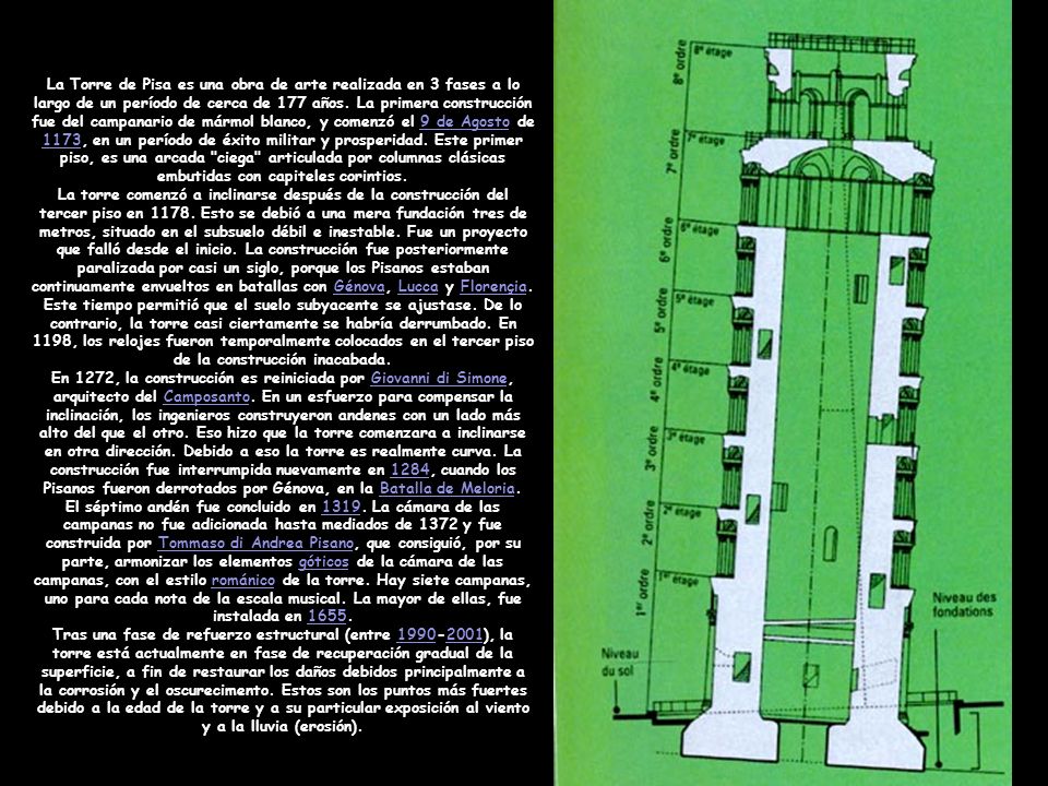 La Torre de Pisa es una obra de arte realizada en 3 fases a lo largo de un período de cerca de 177 años. La primera construcción fue del campanario de mármol blanco, y comenzó el 9 de Agosto de 1173, en un período de éxito militar y prosperidad. Este primer piso, es una arcada ciega articulada por columnas clásicas embutidas con capiteles corintios.