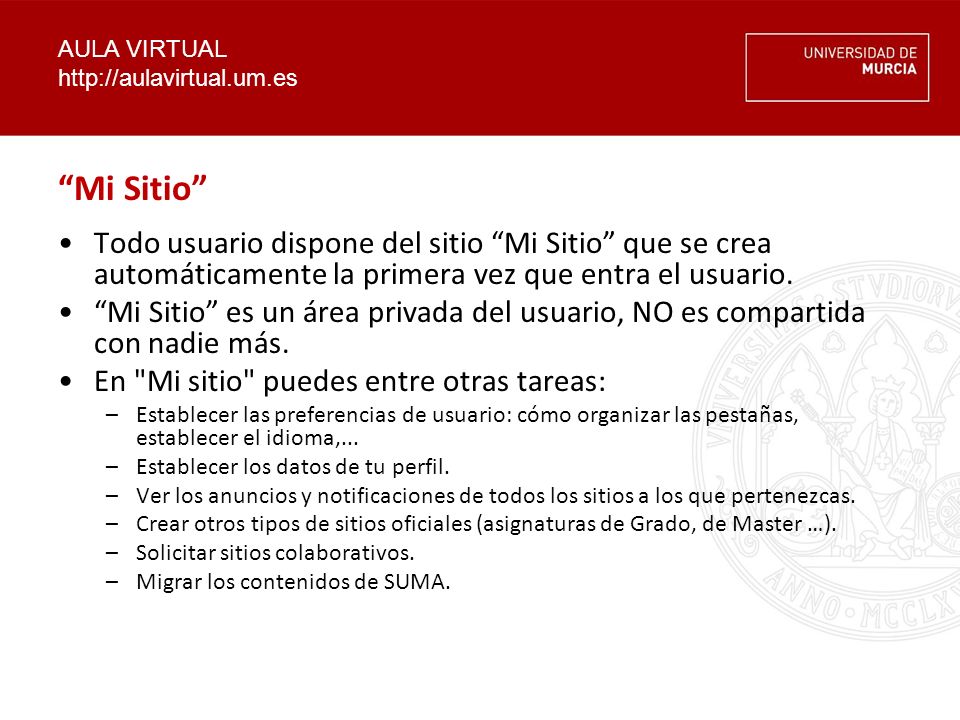 Mi Sitio Todo usuario dispone del sitio Mi Sitio que se crea automáticamente la primera vez que entra el usuario.