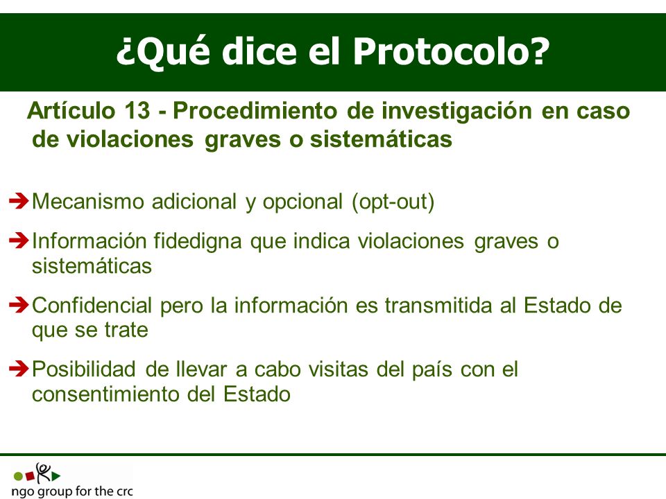 ¿Qué dice el Protocolo Artículo 13 - Procedimiento de investigación en caso de violaciones graves o sistemáticas.
