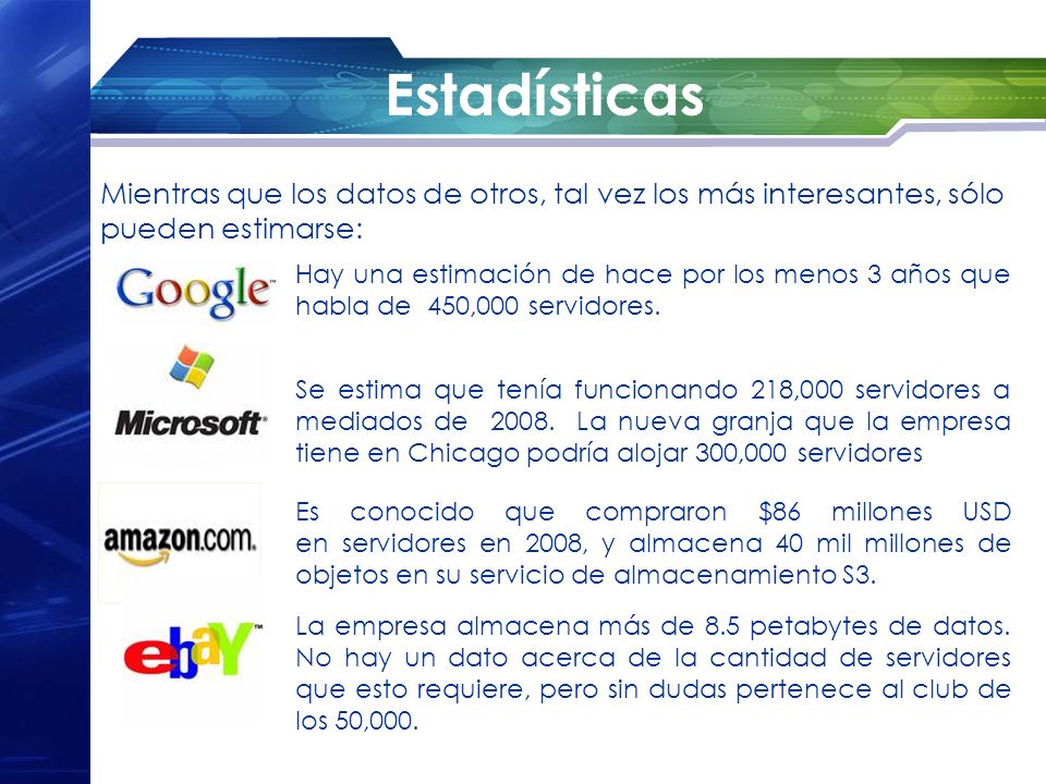 Estadísticas Mientras que los datos de otros, tal vez los más interesantes, sólo pueden estimarse: