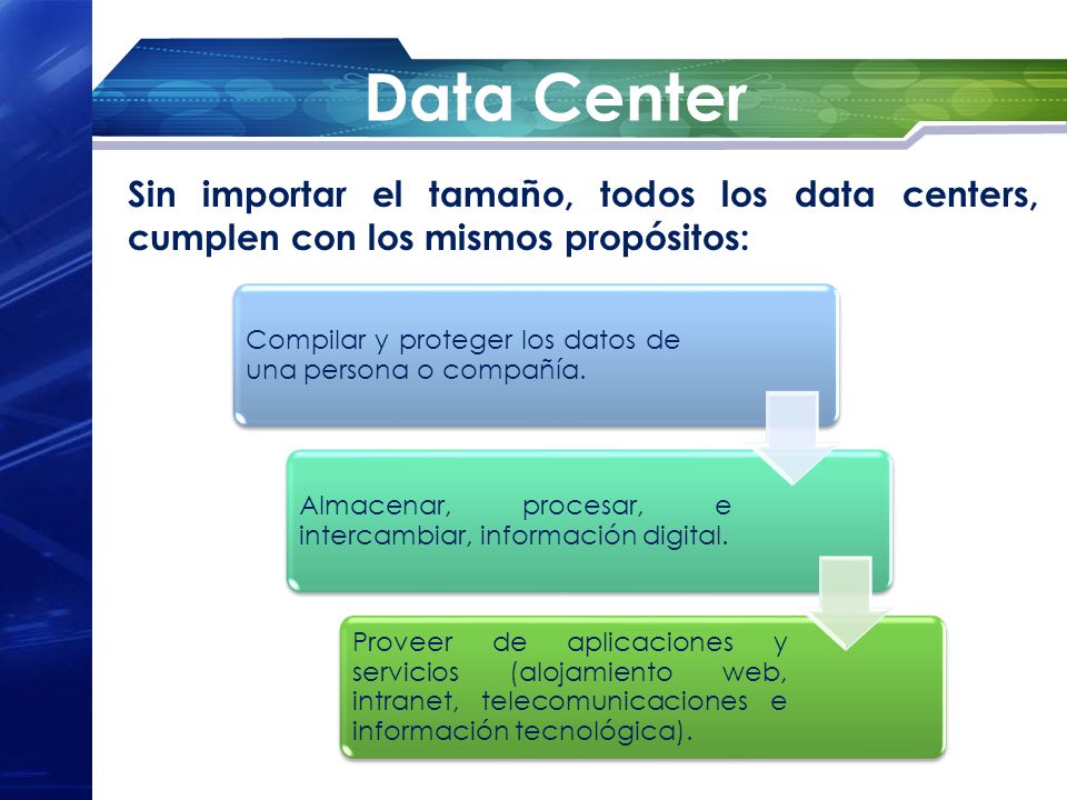 Data Center Sin importar el tamaño, todos los data centers, cumplen con los mismos propósitos: