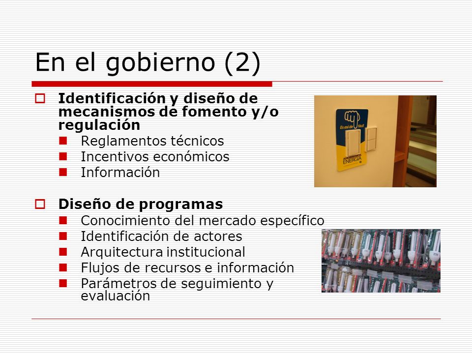 En el gobierno (2) Identificación y diseño de mecanismos de fomento y/o regulación. Reglamentos técnicos.