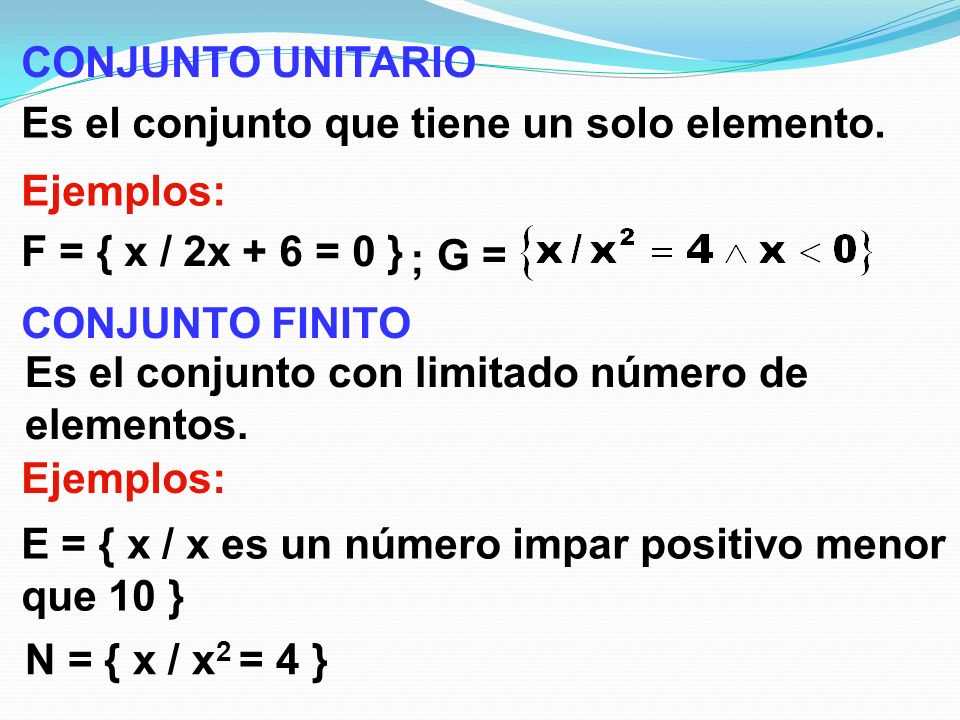 CONJUNTO UNITARIO Es el conjunto que tiene un solo elemento. Ejemplos: F = { x / 2x + 6 = 0 } ; G =
