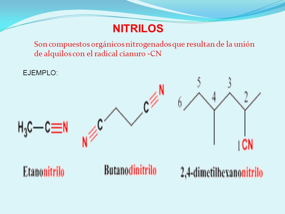 NITRILOS Son compuestos orgánicos nitrogenados que resultan de la unión de alquilos con el radical cianuro -CN.
