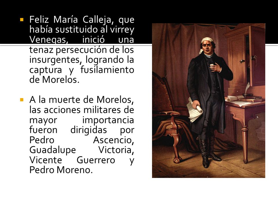 Feliz María Calleja, que había sustituido al virrey Venegas, inició una tenaz persecución de los insurgentes, logrando la captura y fusilamiento de Morelos.