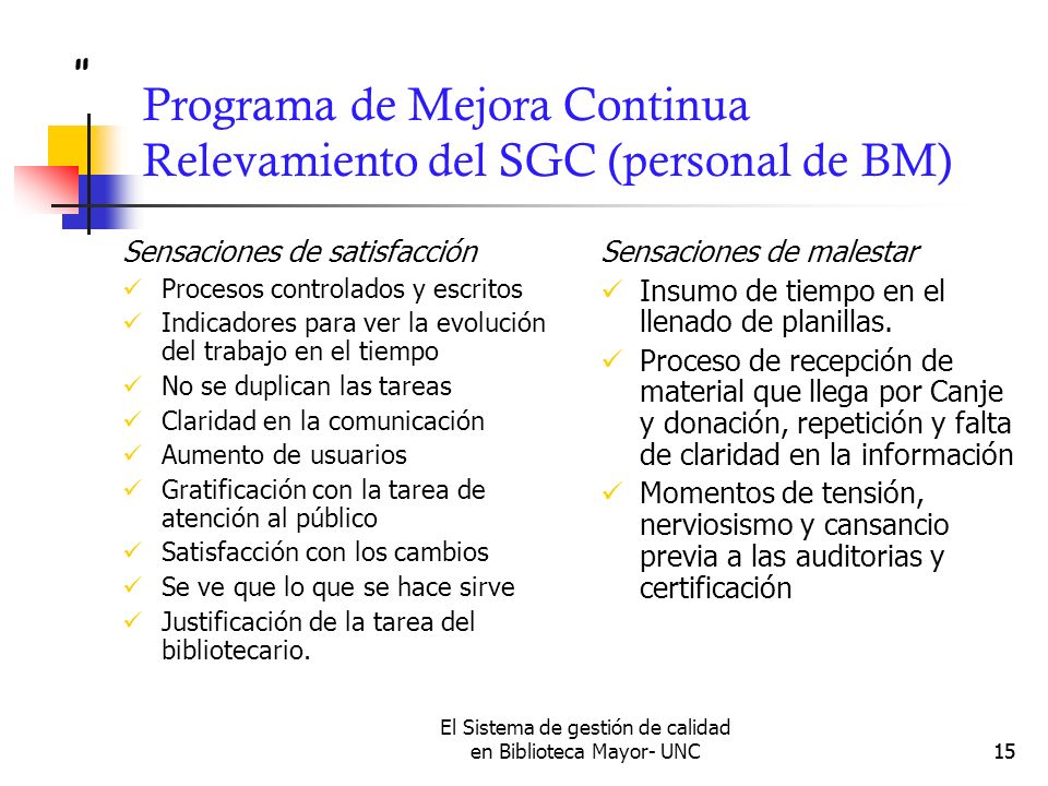 Programa de Mejora Continua Relevamiento del SGC (personal de BM)