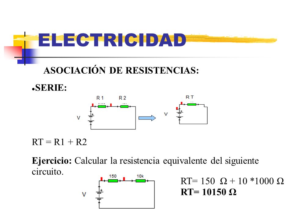 ELECTRICIDAD ASOCIACIÓN DE RESISTENCIAS: SERIE: RT = R1 + R2