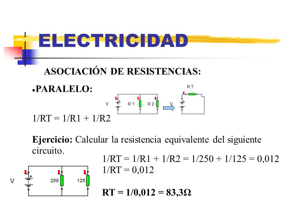 ELECTRICIDAD ASOCIACIÓN DE RESISTENCIAS: PARALELO: 1/RT = 1/R1 + 1/R2