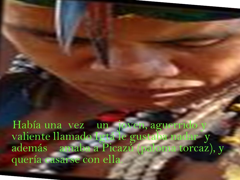 Había una vez un joven, aguerrido y valiente llamado Igtá le gustaba nadar y además amaba a Picazú (paloma torcaz), y quería casarse con ella.