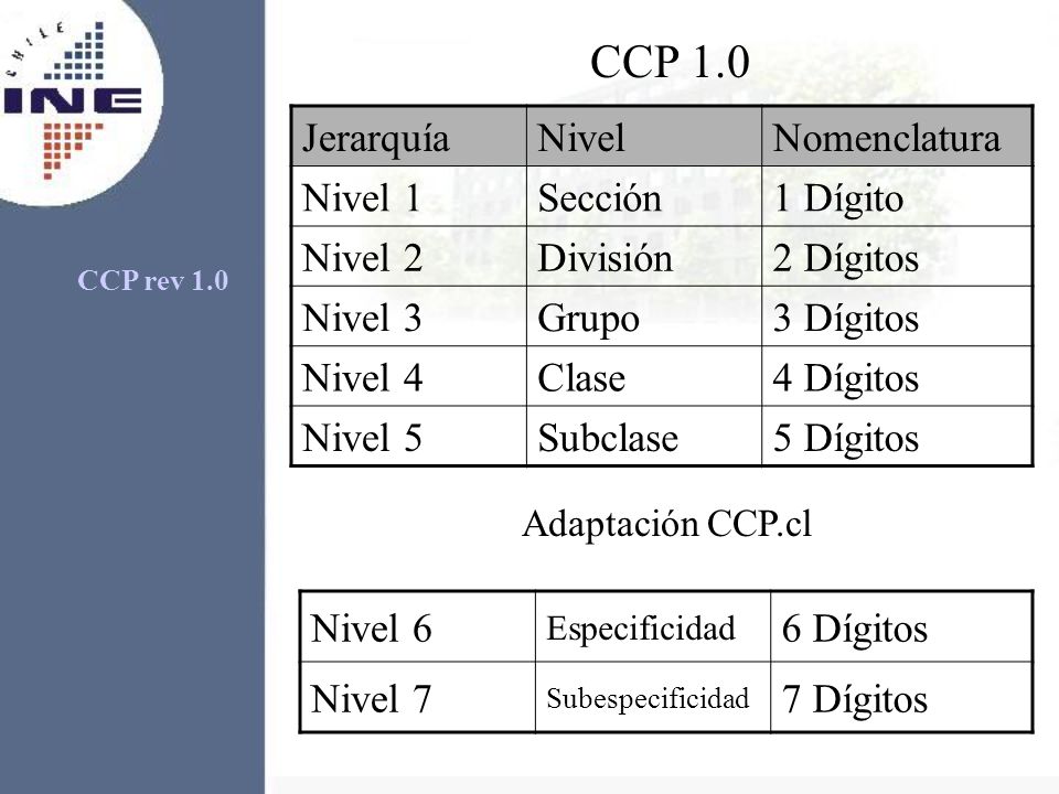 CCP 1.0 Jerarquía Nivel Nomenclatura Nivel 1 Sección 1 Dígito Nivel 2