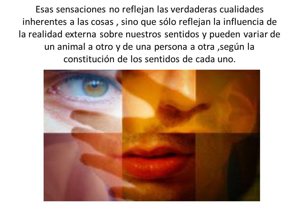 Esas sensaciones no reflejan las verdaderas cualidades inherentes a las cosas , sino que sólo reflejan la influencia de la realidad externa sobre nuestros sentidos y pueden variar de un animal a otro y de una persona a otra ,según la constitución de los sentidos de cada uno.