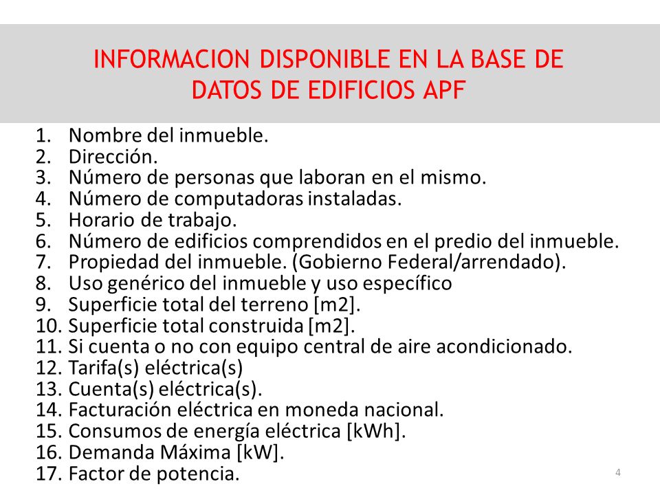 INFORMACION DISPONIBLE EN LA BASE DE DATOS DE EDIFICIOS APF