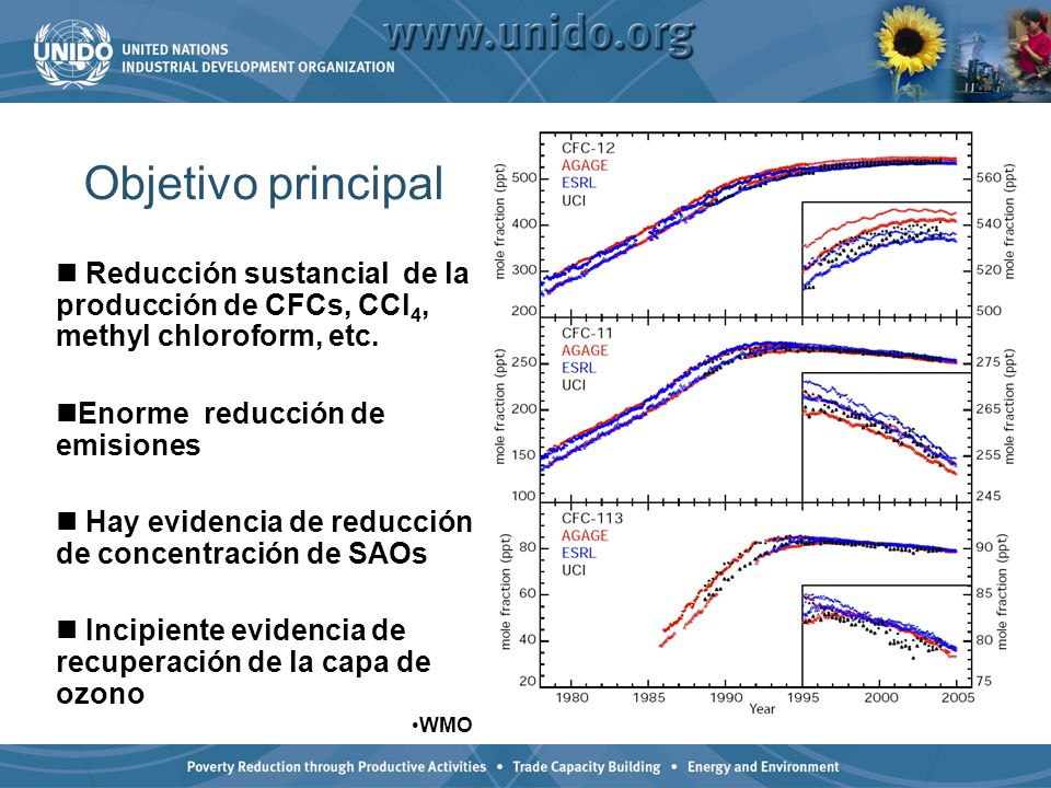 Objetivo principal Reducción sustancial de la producción de CFCs, CCl4, methyl chloroform, etc. Enorme reducción de emisiones.