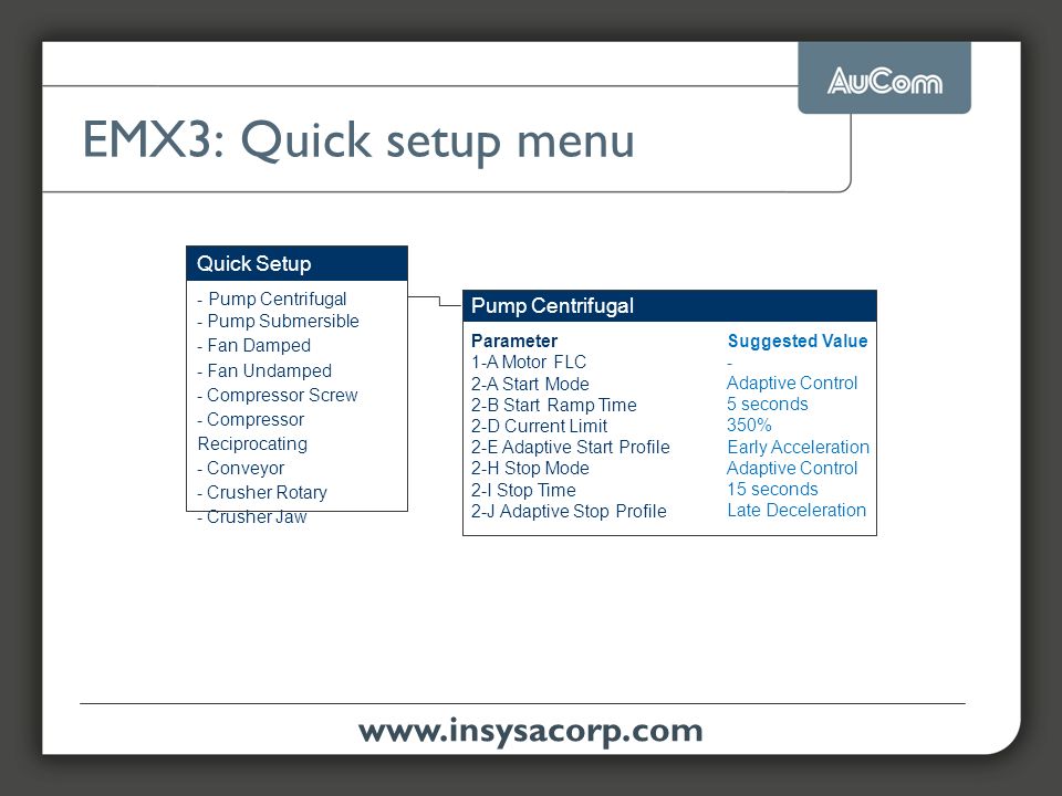 EMX3: Quick setup menu   Quick Setup Pump Centrifugal