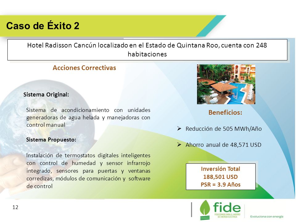 Caso de Éxito 2 Hotel Radisson Cancún localizado en el Estado de Quintana Roo, cuenta con 248 habitaciones.