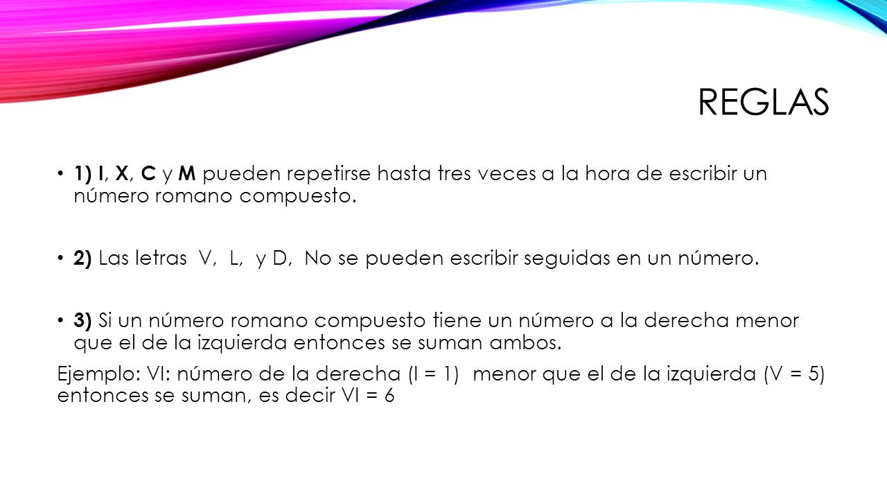 Reglas 1) I, X, C y M pueden repetirse hasta tres veces a la hora de escribir un número romano compuesto.