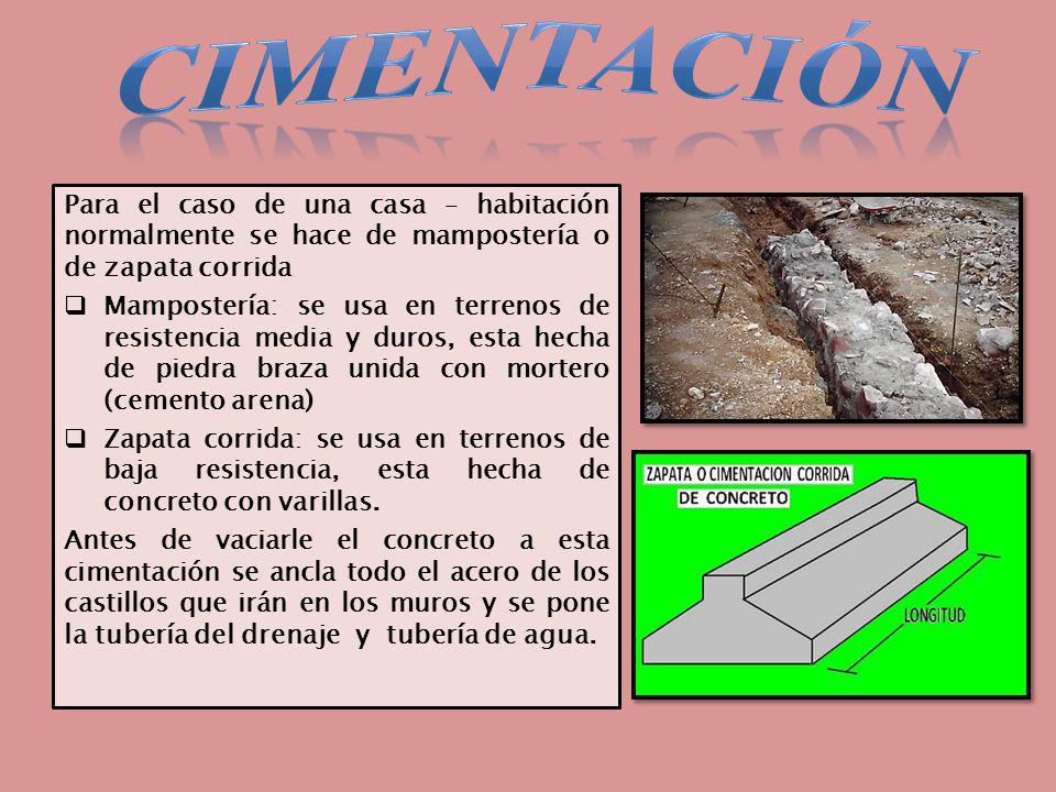 cimentación Para el caso de una casa – habitación normalmente se hace de mampostería o de zapata corrida.