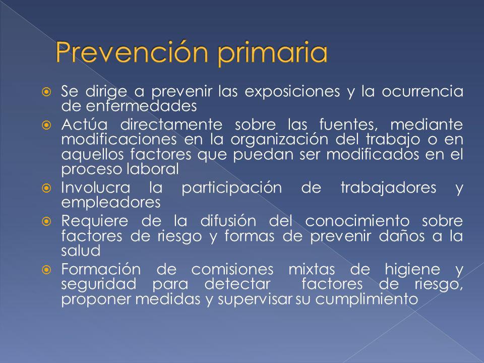 Prevención primaria Se dirige a prevenir las exposiciones y la ocurrencia de enfermedades.