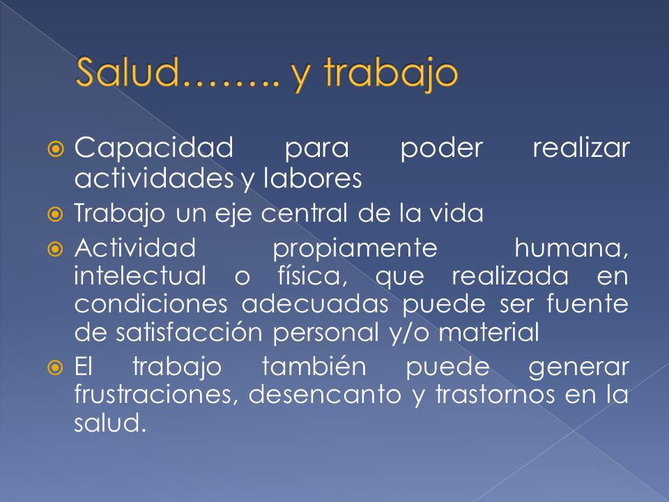 Salud…….. y trabajo Capacidad para poder realizar actividades y labores. Trabajo un eje central de la vida.
