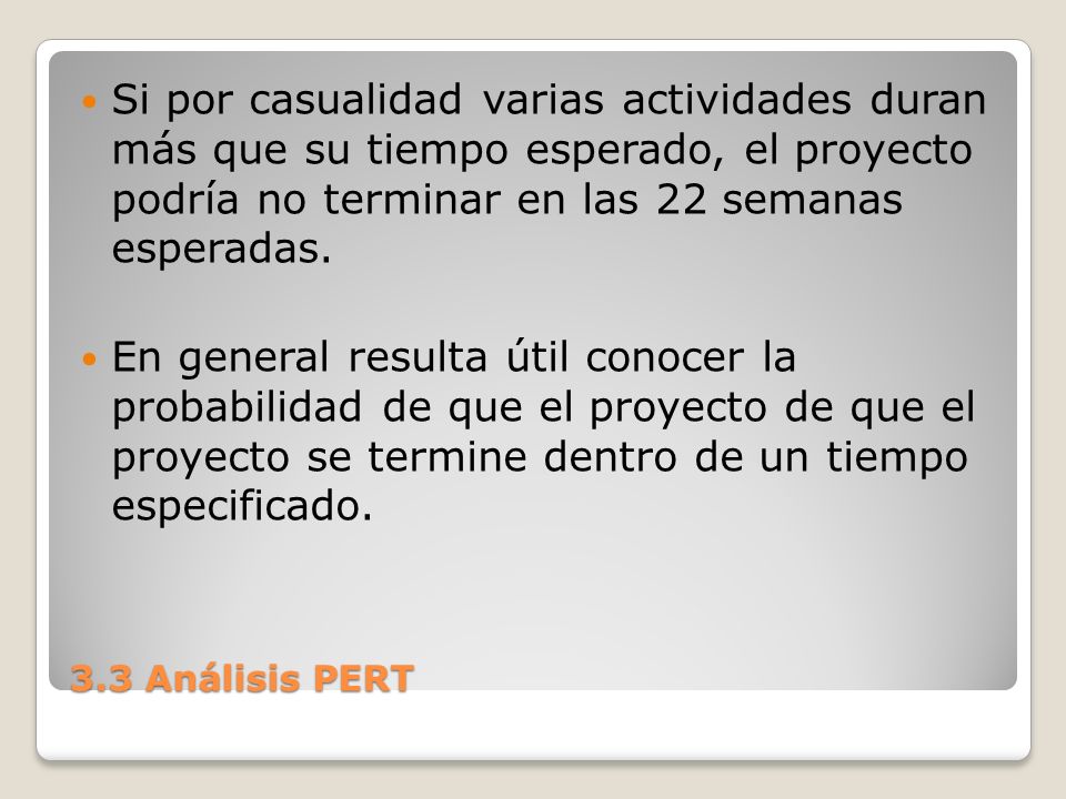Si por casualidad varias actividades duran más que su tiempo esperado, el proyecto podría no terminar en las 22 semanas esperadas.