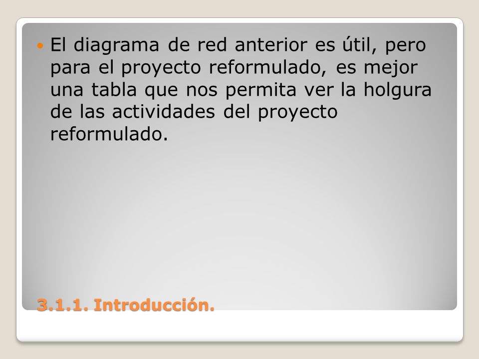 El diagrama de red anterior es útil, pero para el proyecto reformulado, es mejor una tabla que nos permita ver la holgura de las actividades del proyecto reformulado.