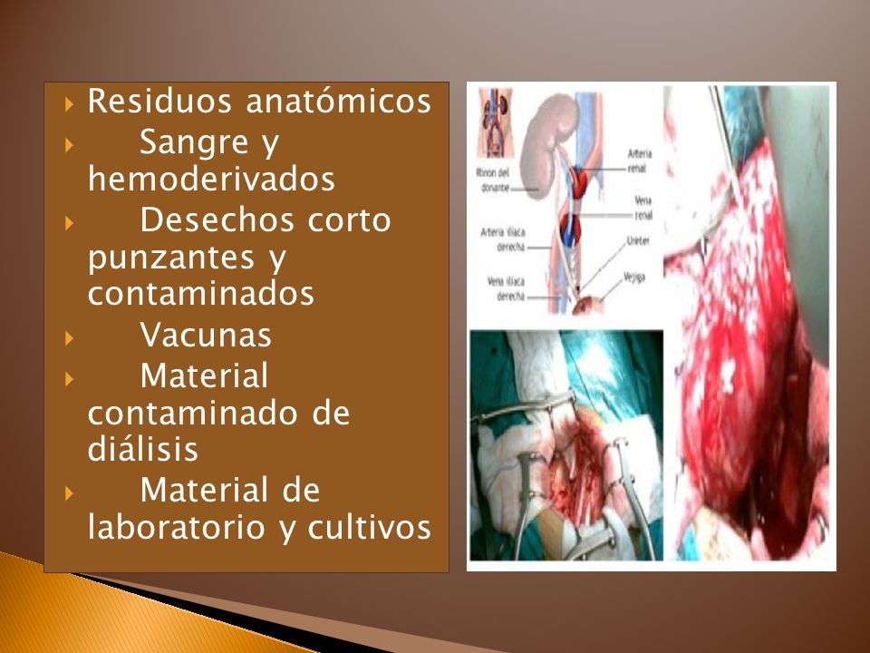 Residuos anatómicos Sangre y hemoderivados. Desechos corto punzantes y contaminados. Vacunas. Material contaminado de diálisis.