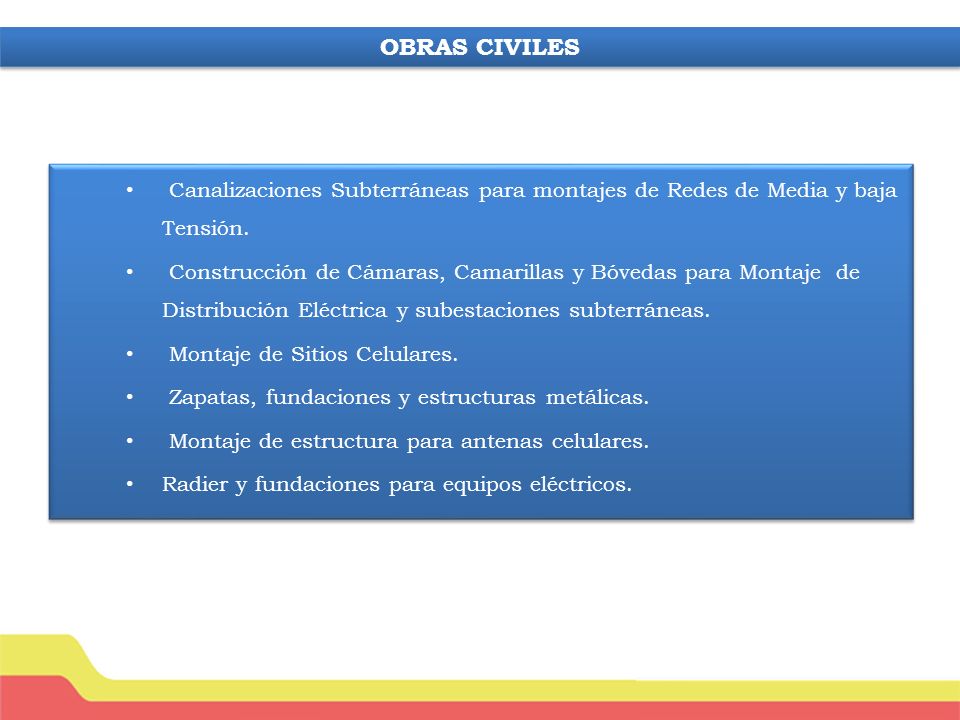 OBRAS CIVILES Canalizaciones Subterráneas para montajes de Redes de Media y baja Tensión.