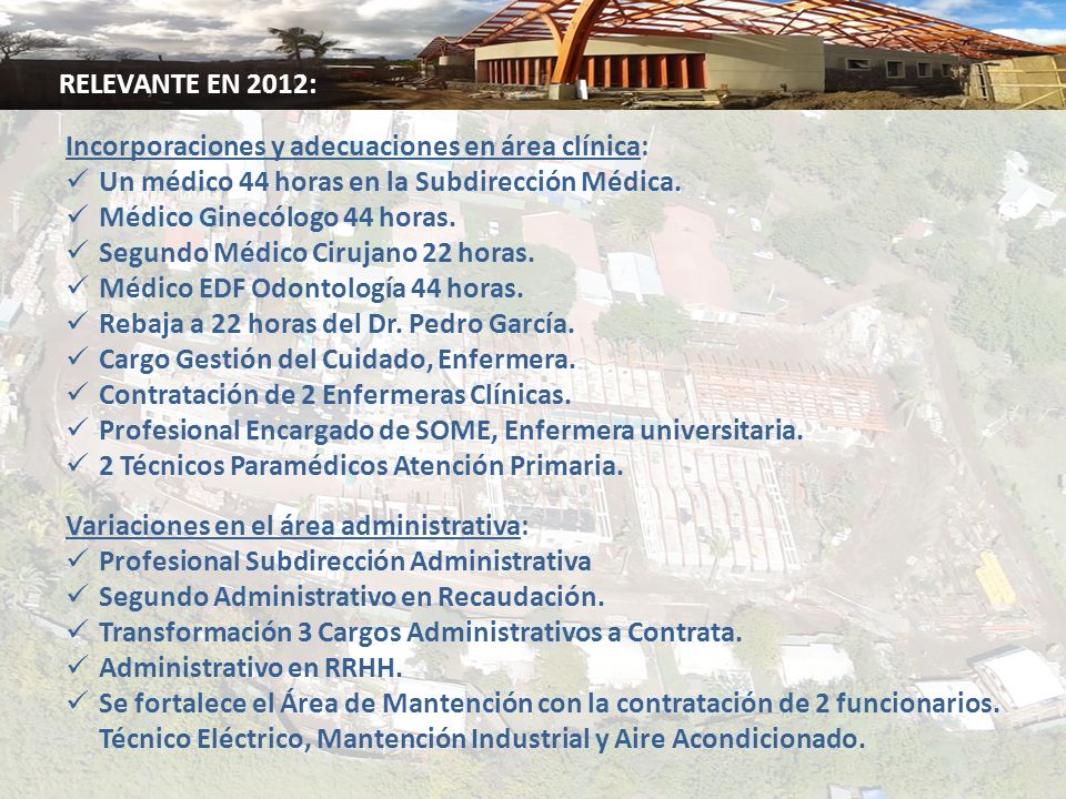 RELEVANTE EN 2012: Incorporaciones y adecuaciones en área clínica: Un médico 44 horas en la Subdirección Médica.