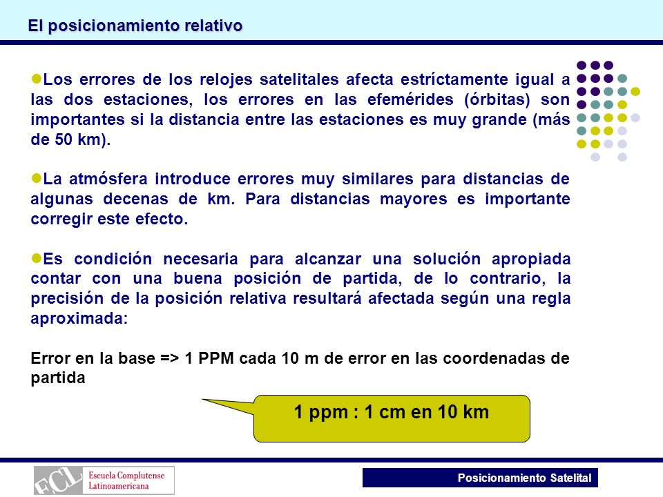 1 ppm : 1 cm en 10 km El posicionamiento relativo