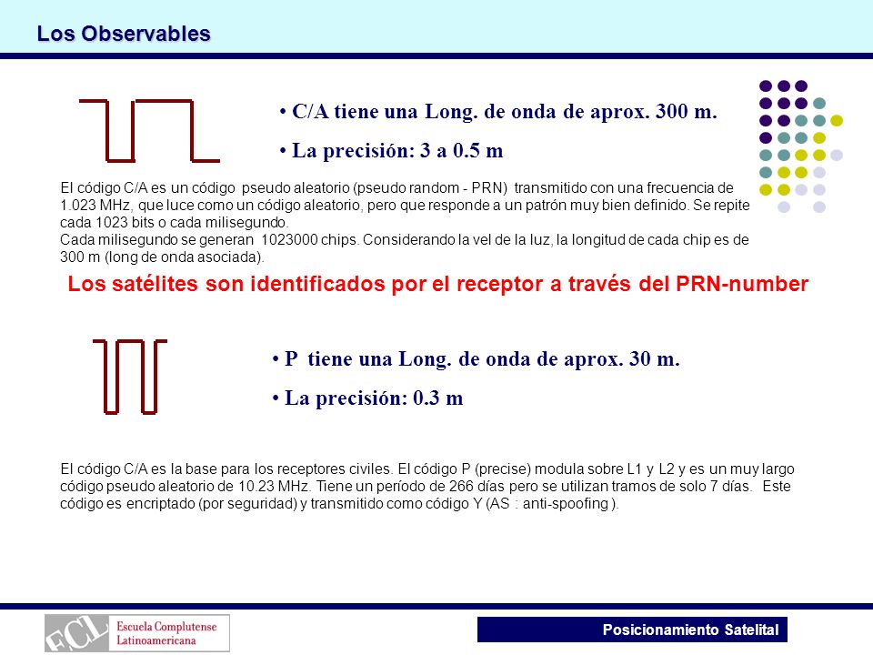 C/A tiene una Long. de onda de aprox. 300 m. La precisión: 3 a 0.5 m