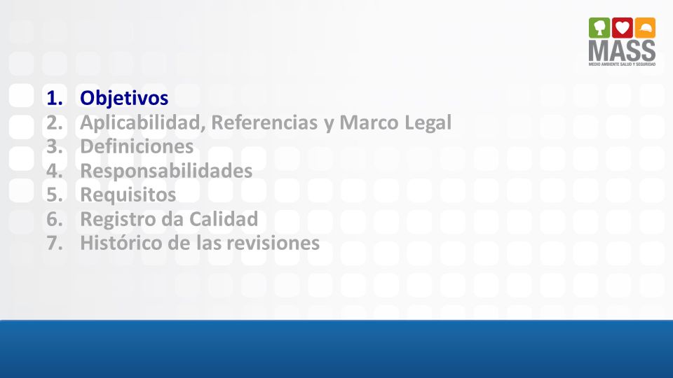 Objetivos Aplicabilidad, Referencias y Marco Legal. Definiciones. Responsabilidades. Requisitos.