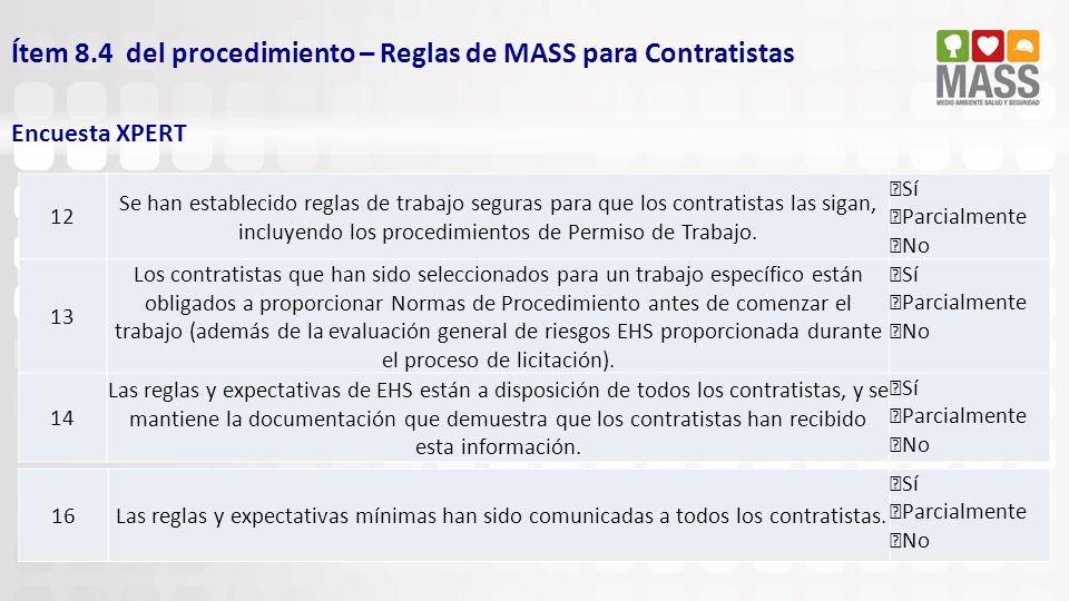 Ítem 8.4 del procedimiento – Reglas de MASS para Contratistas