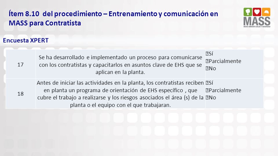 Ítem 8.10 del procedimiento – Entrenamiento y comunicación en MASS para Contratista