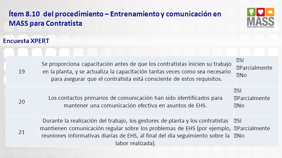 Ítem 8.10 del procedimiento – Entrenamiento y comunicación en MASS para Contratista