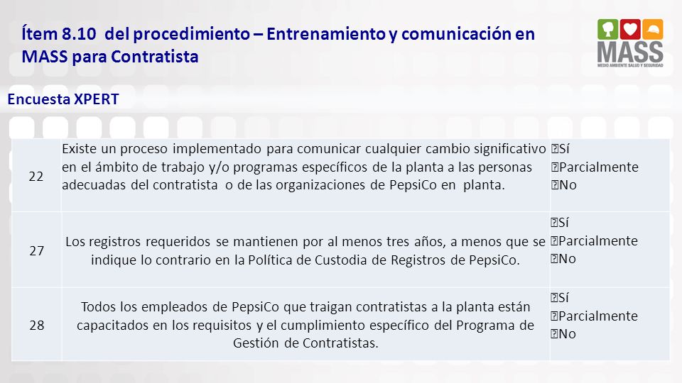 Ítem 8.10 del procedimiento – Entrenamiento y comunicación en MASS para Contratista