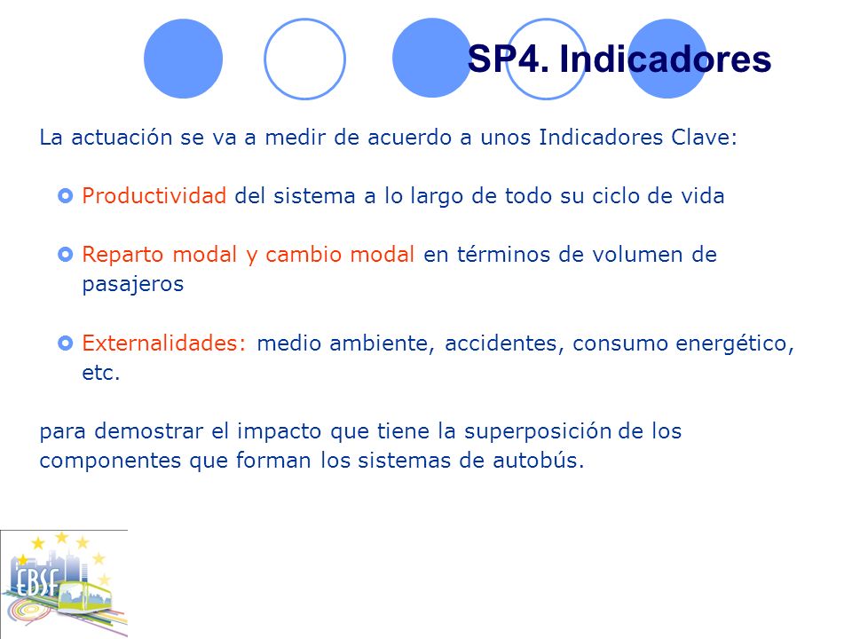 SP4. Indicadores La actuación se va a medir de acuerdo a unos Indicadores Clave: Productividad del sistema a lo largo de todo su ciclo de vida.
