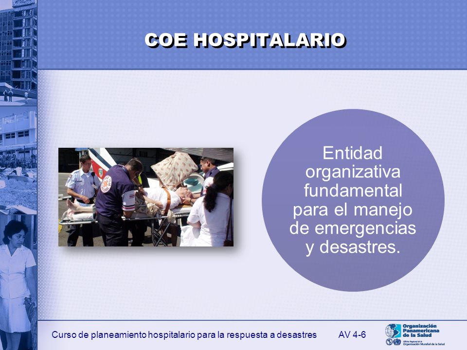 COE HOSPITALARIO Entidad organizativa fundamental para el manejo de emergencias y desastres. AV 4-6