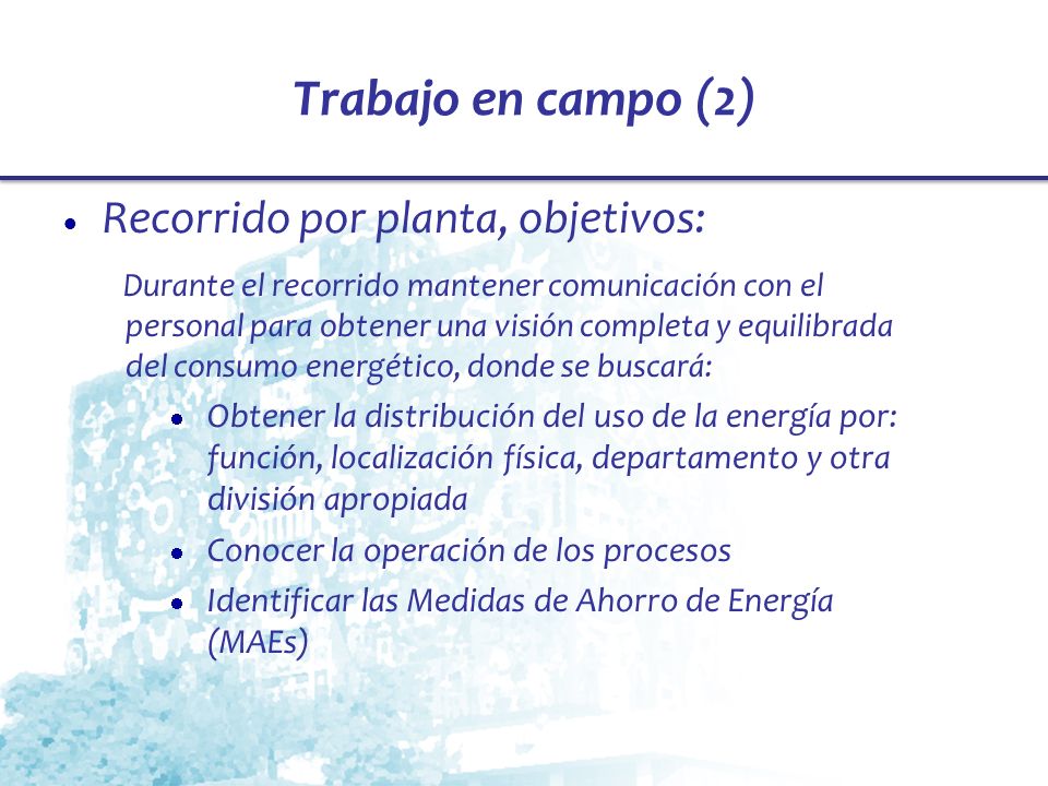 Trabajo en campo (2) Recorrido por planta, objetivos: