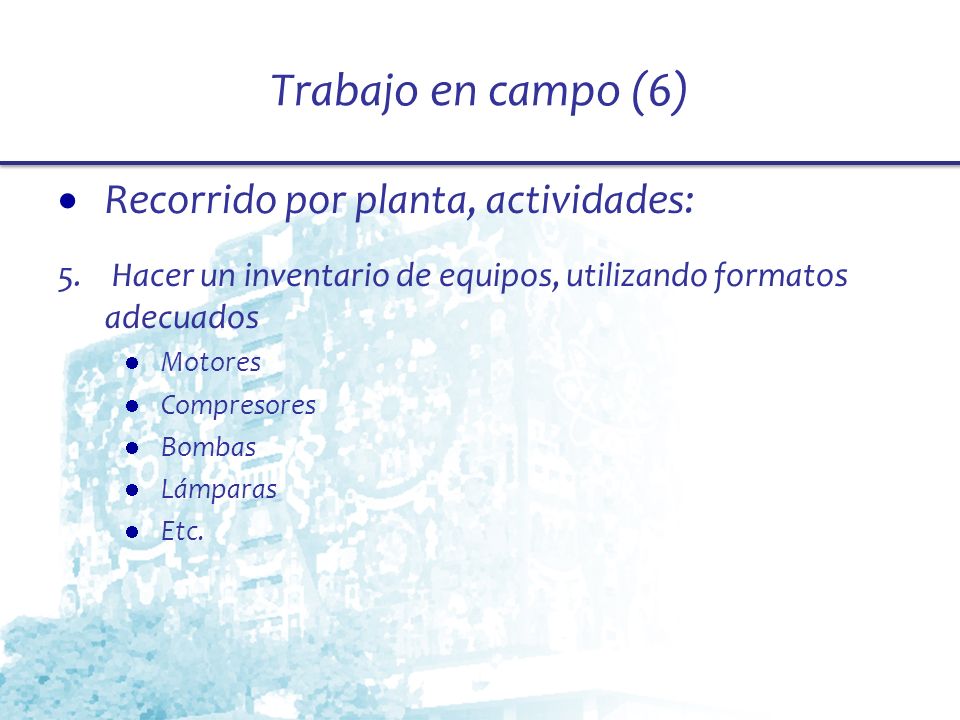 Trabajo en campo (6) Recorrido por planta, actividades: