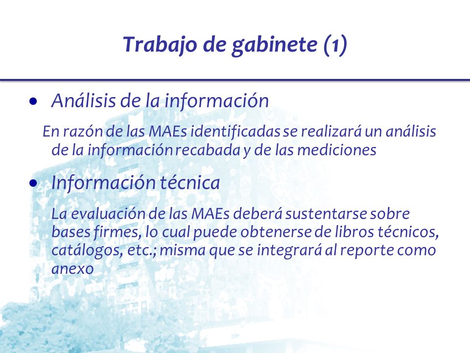 Trabajo de gabinete (1) Análisis de la información Información técnica